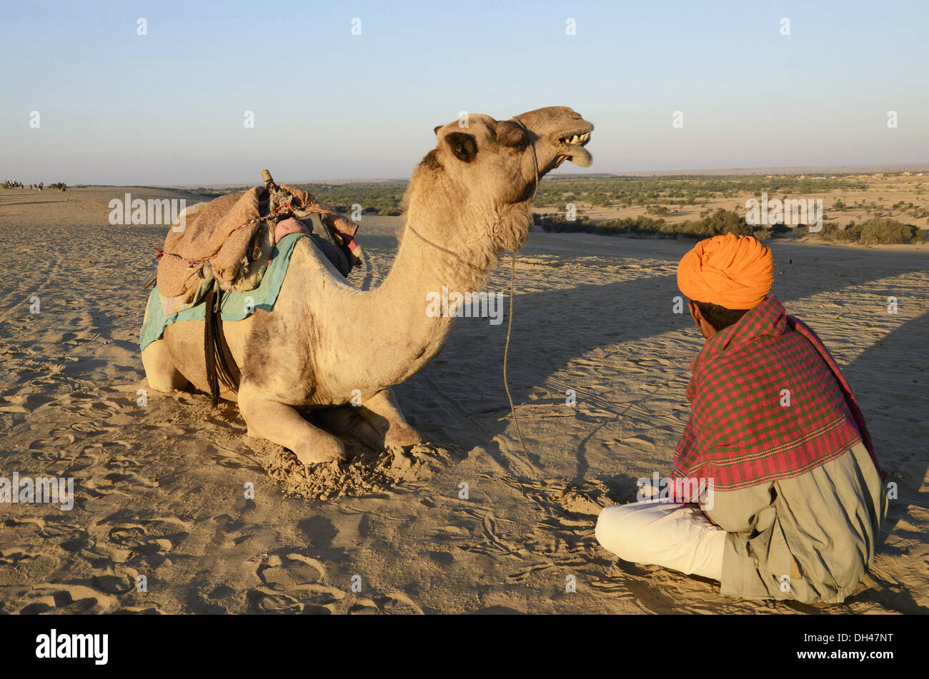 man with camel sitting on desert Sand Khuhri Jaisalmer Rajasthan India Stock Photo