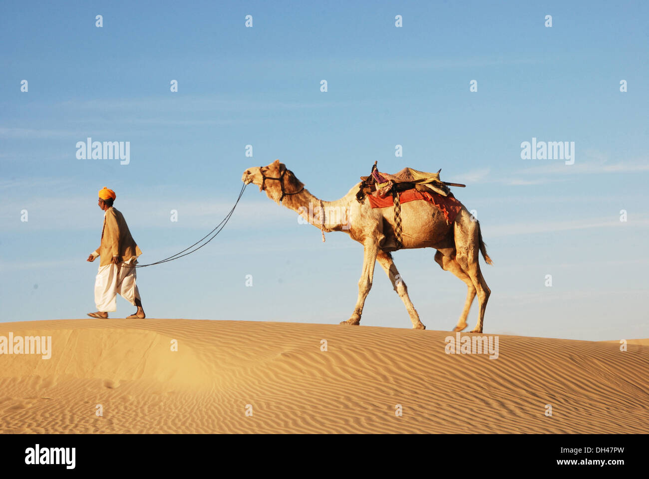 man with camel walking on desert sand dune of Khuhri jaisalmer Stock Photo  - Alamy