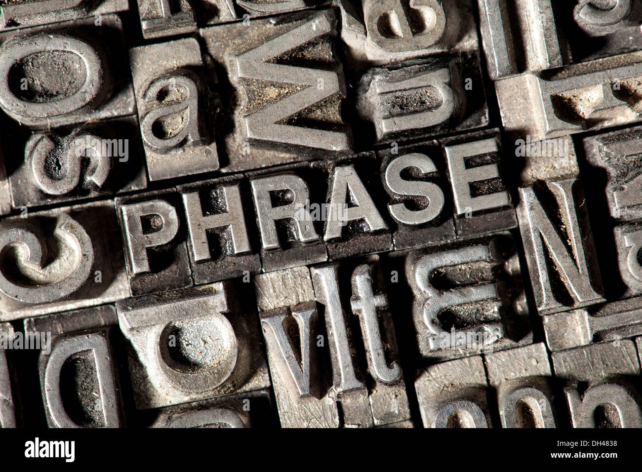 Old lead letters forming the word 'PHRASE' Stock Photo