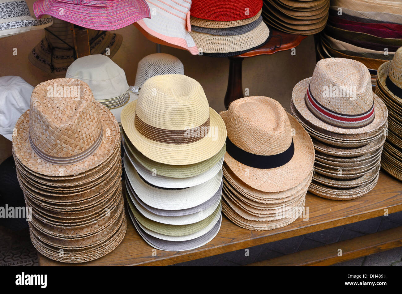 Display of Straw Hats for Sale on Market Stall in Castellane Alpes-de-Haute-Provence Provence France Stock Photo