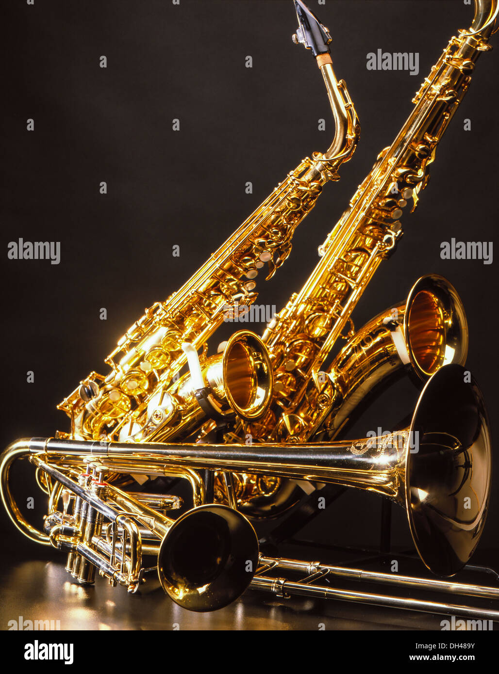 Various musical instruments, saxophone, trumpet, trombone, music Stock  Photo - Alamy