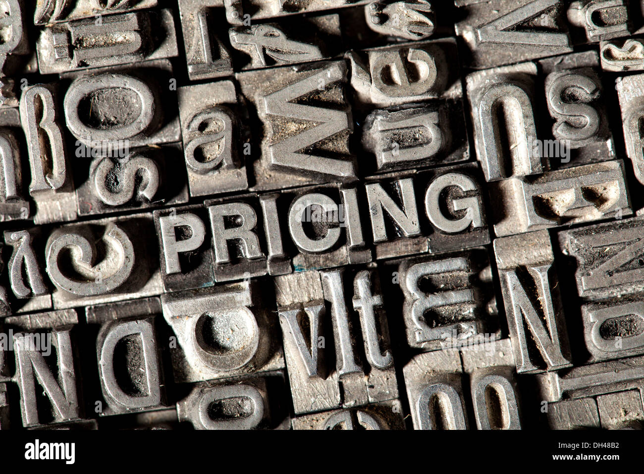Old lead letters forming the word &quot;PRICING&quot; Stock Photo