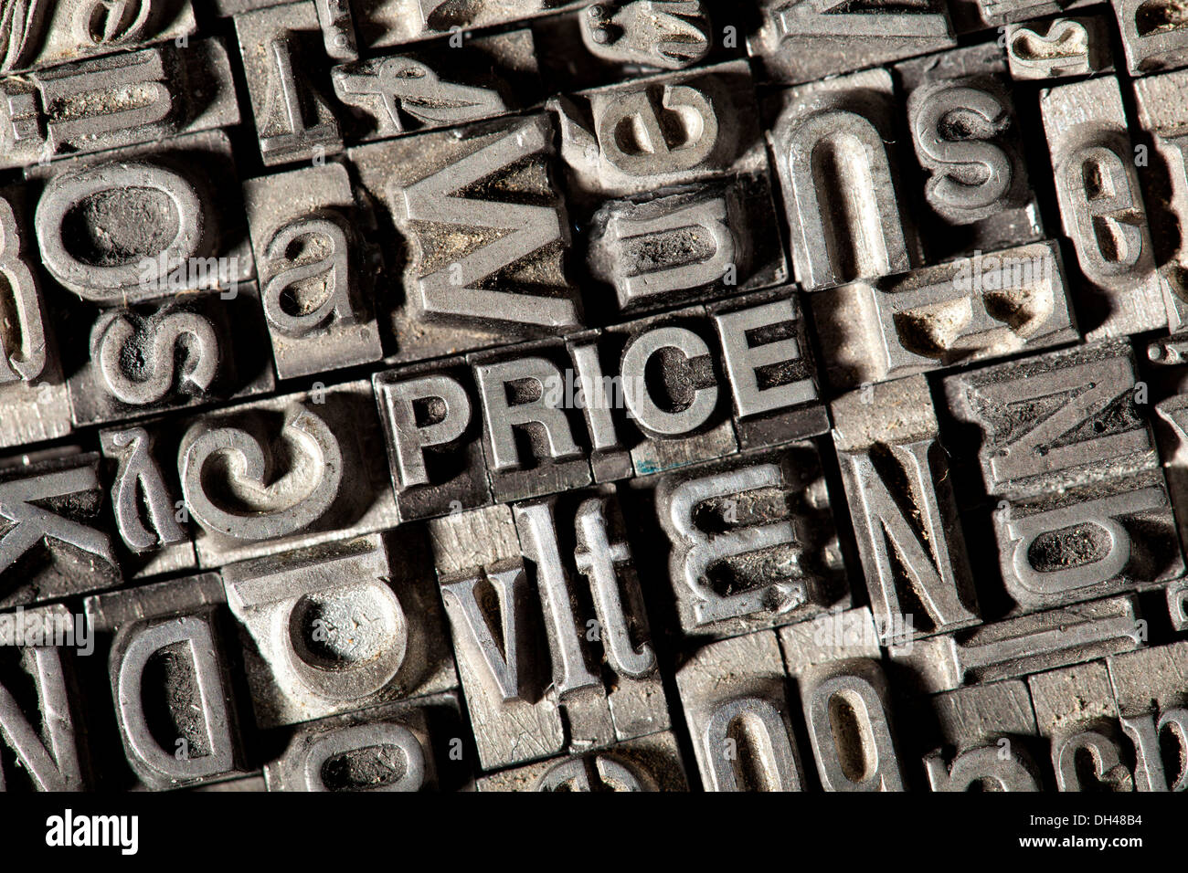 Old lead letters forming the word &quot;PRICE&quot; Stock Photo