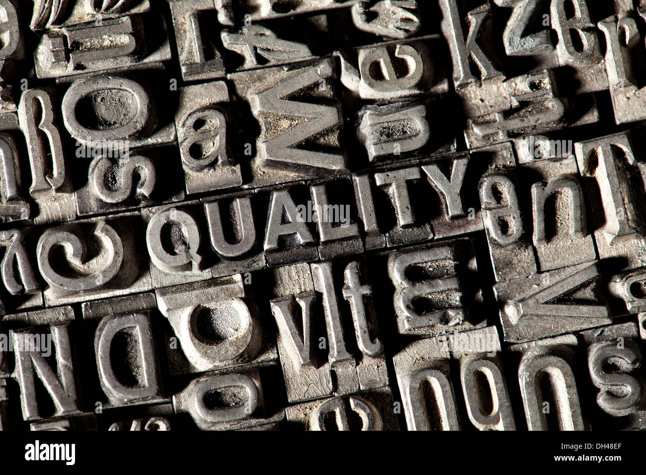 Old lead letters forming the word 'QUALITY' Stock Photo