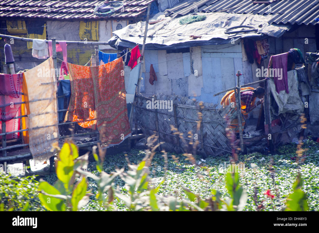 clothes drying in slum colony of burdwan at west bengal India Stock Photo
