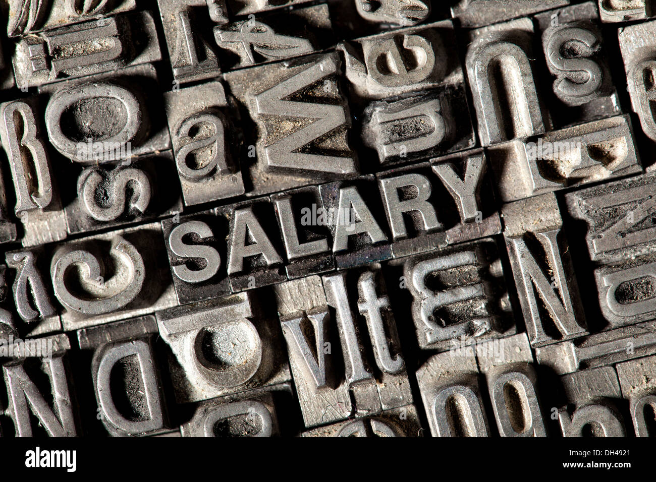 Old lead letters forming the word SALARY Stock Photo