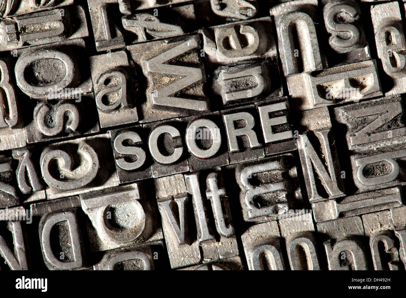 Old lead letters forming the word SCORE Stock Photo