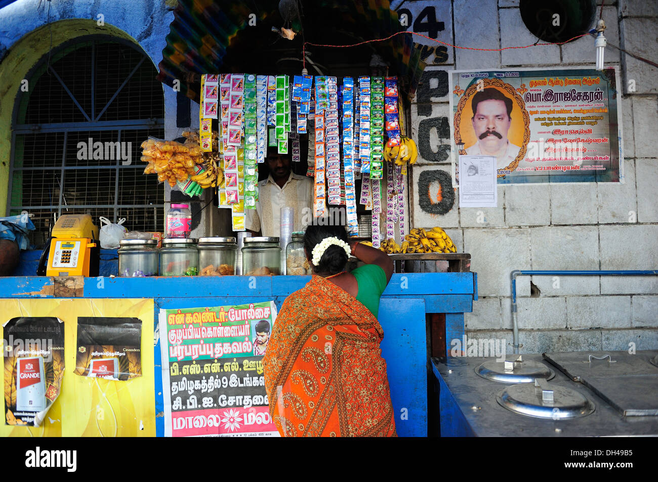 shop selling packaged sachets in rural store Chennai Tamil Nadu India Asia Stock Photo