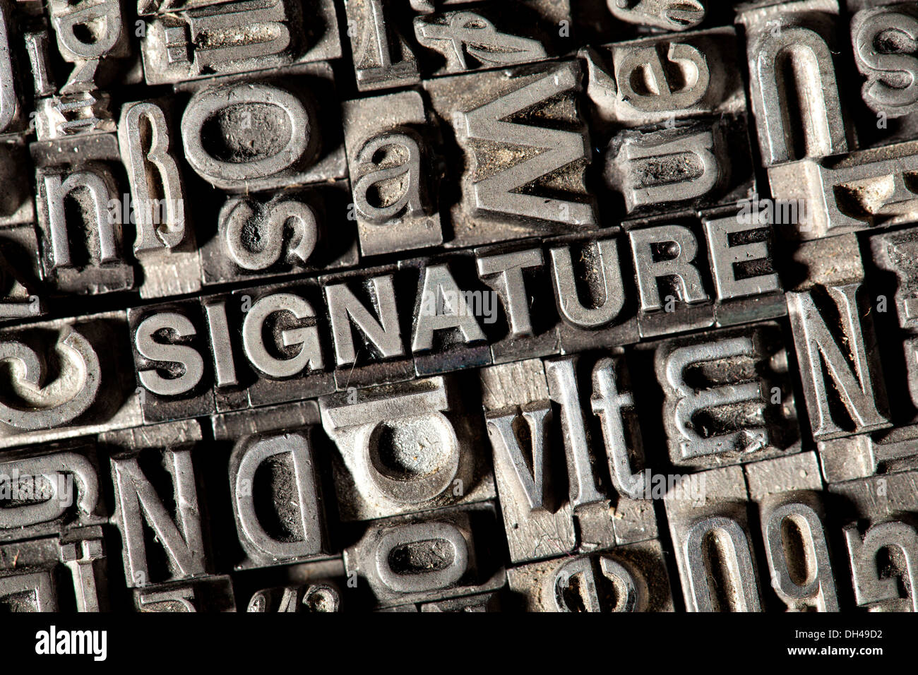 Old lead letters forming the word SIGNATURE Stock Photo