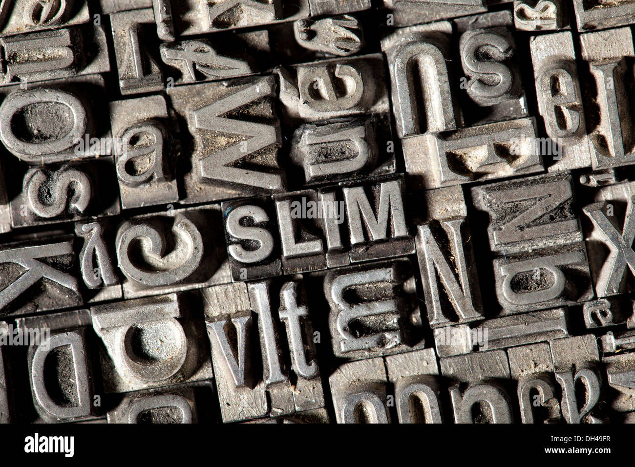 Old lead letters forming the word SLIM Stock Photo