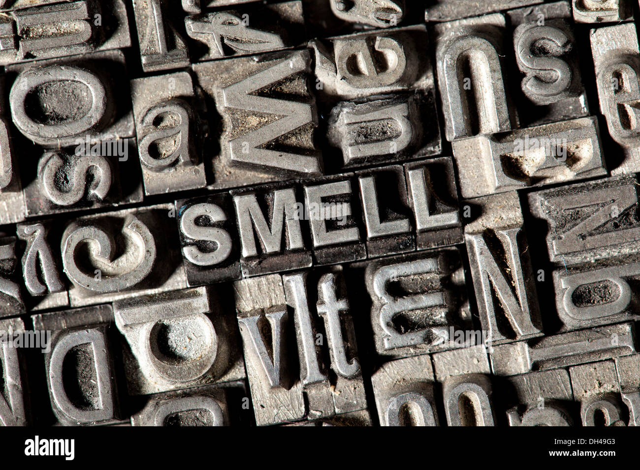 Old lead letters forming the word SMELL Stock Photo