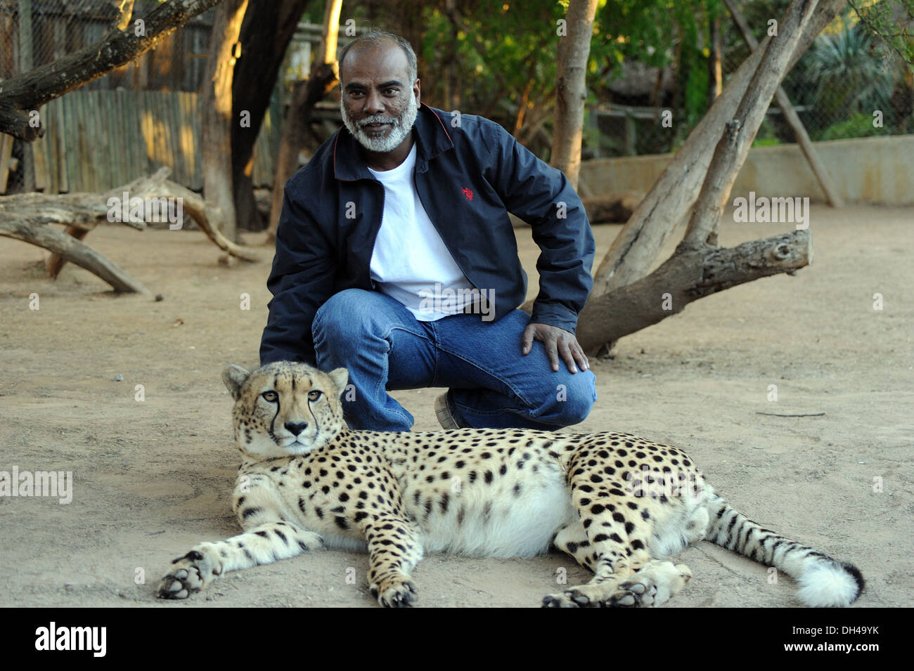 man with African Cheetah at Oudtshoorn south africa   model released Stock Photo