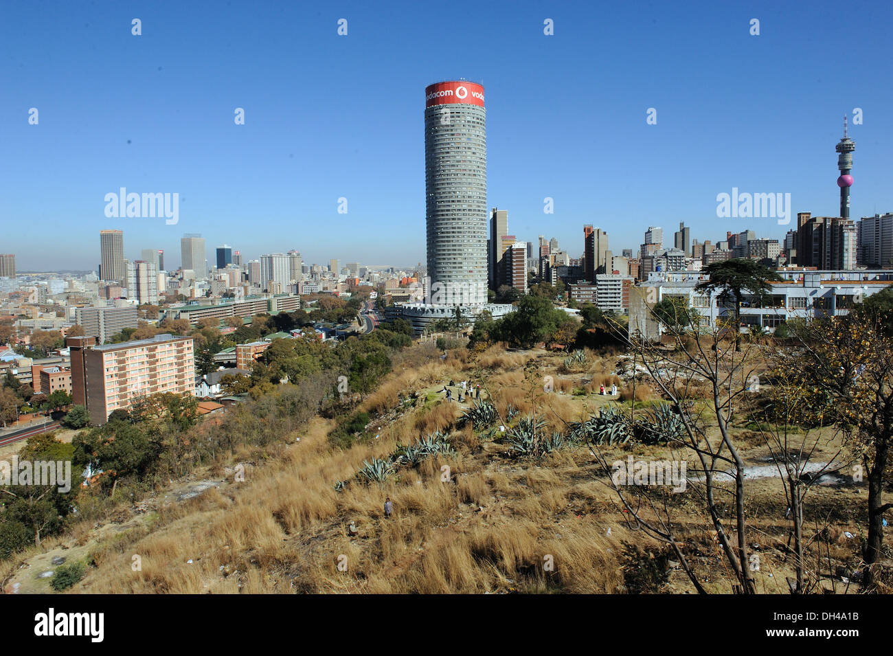 Network tall round cylindrical upright building at Johannesburg south africa Stock Photo