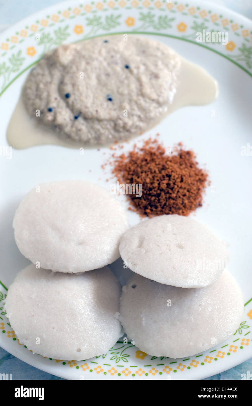 South Indian food idlis with coconut chutney in plate Pune Maharashtra India Asia March 2012 Stock Photo