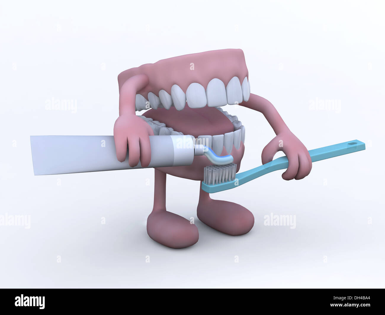 open denture with arms, legs and toothpaste tube and toothbrush, 3d illustration Stock Photo