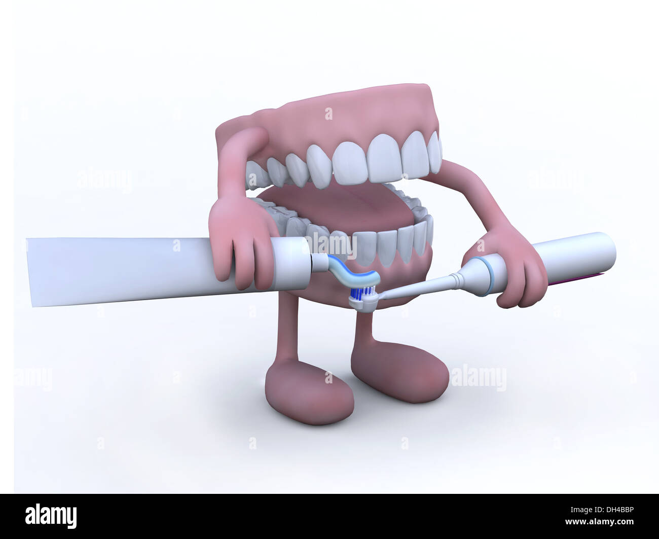 open denture with arms, legs and toothpaste tube and electric toothbrush, 3d illustration Stock Photo