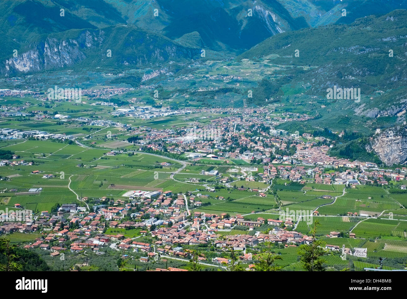 Panorama of Arco below Alps Mountains, Trento, Italy Stock Photo