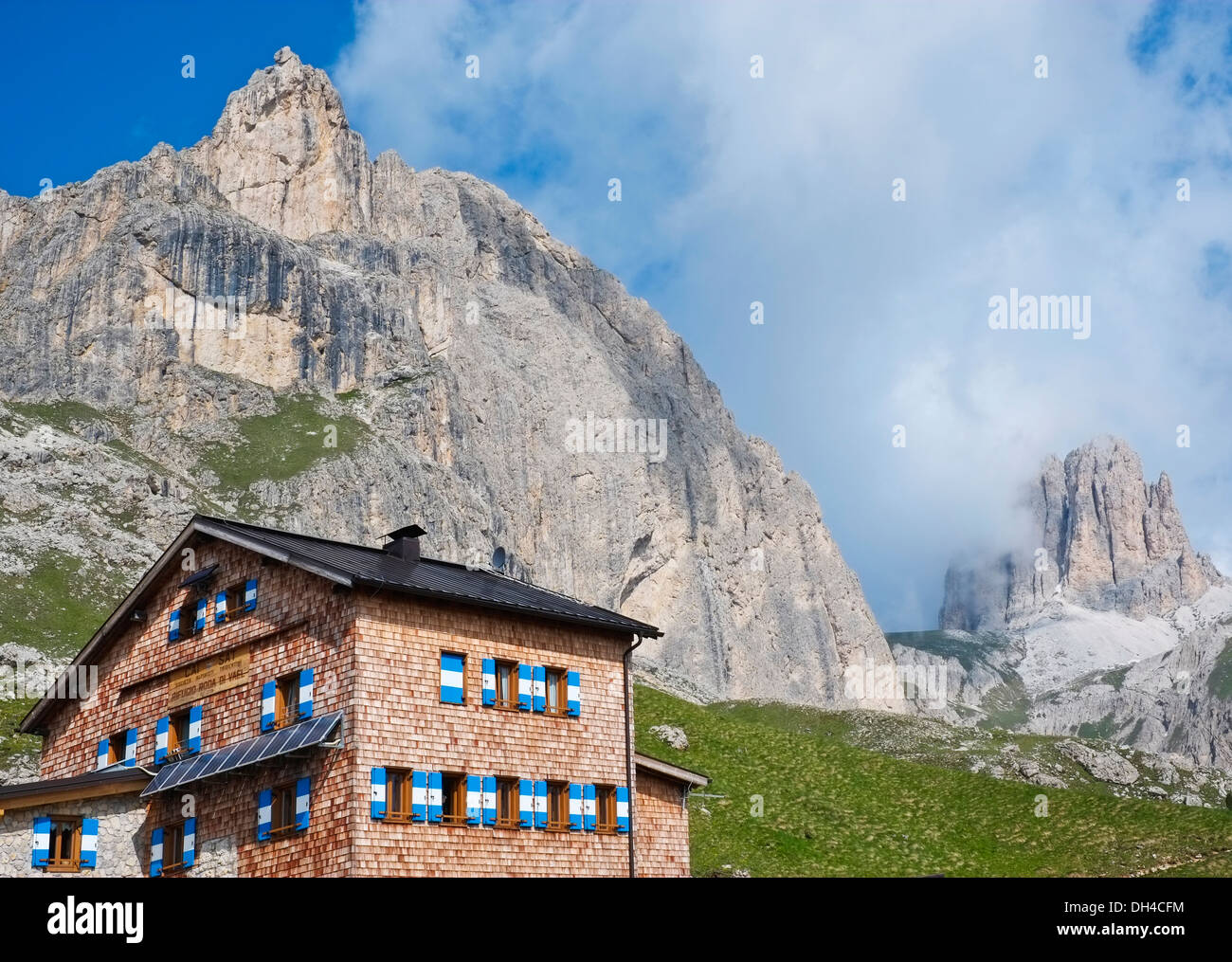 Roda di vael refuge in Dolomites, Val di Fassa, Italy Stock Photo