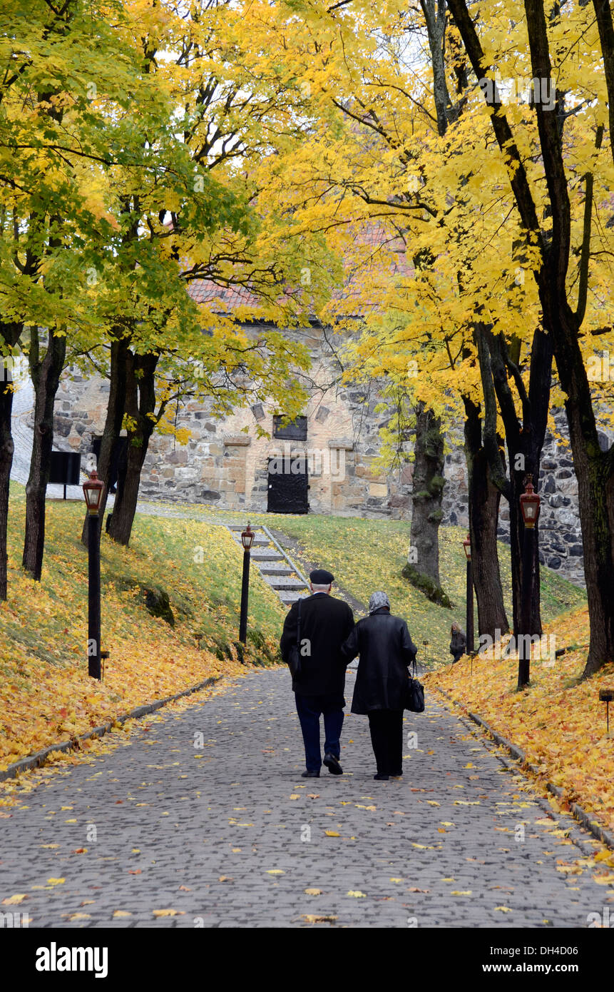 Elderly couple walking hand in hand through a park in autumn in Oslo ...