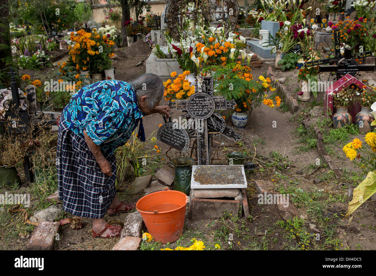 An elderly Zapotec indigenous woman cleans the grave of a family member at the start of the Day of the Dead festival known in spanish as D’a de Muertos October 30, 2013 in Teotitlan, Mexico. Stock Photo