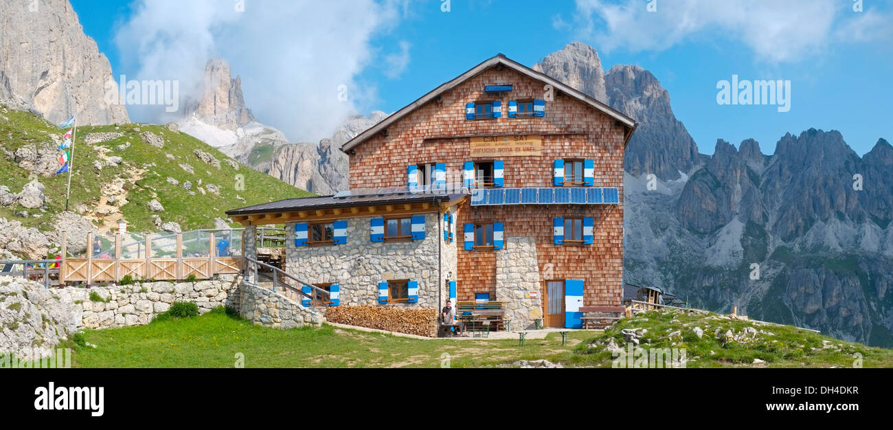 Roda di vael refuge in Dolomites, Val di Fassa, Italy Stock Photo