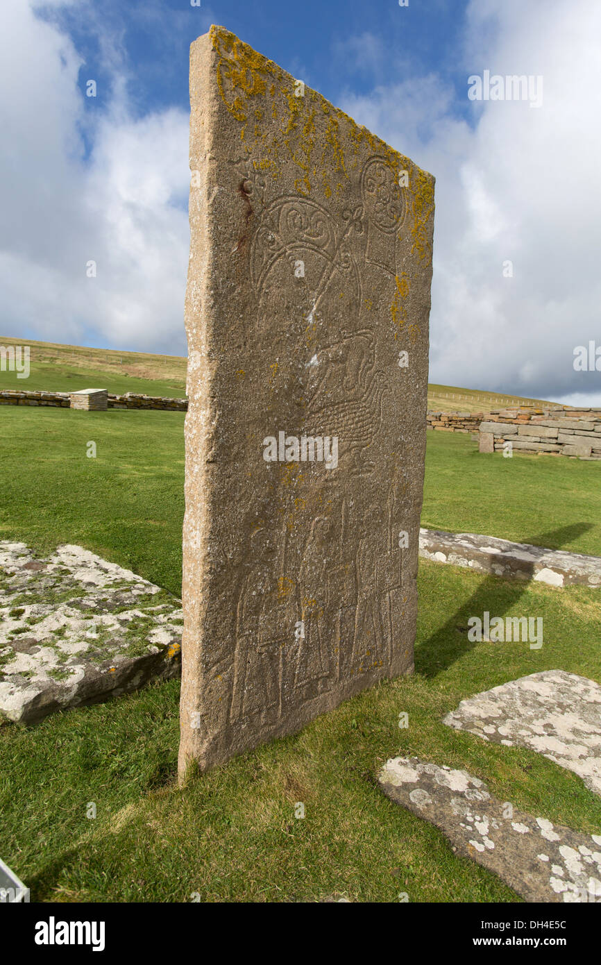 Islands of Orkney, Scotland. A replica of a 7th century Pictish stone at the Burgh of Birsay historic settlement. Stock Photo