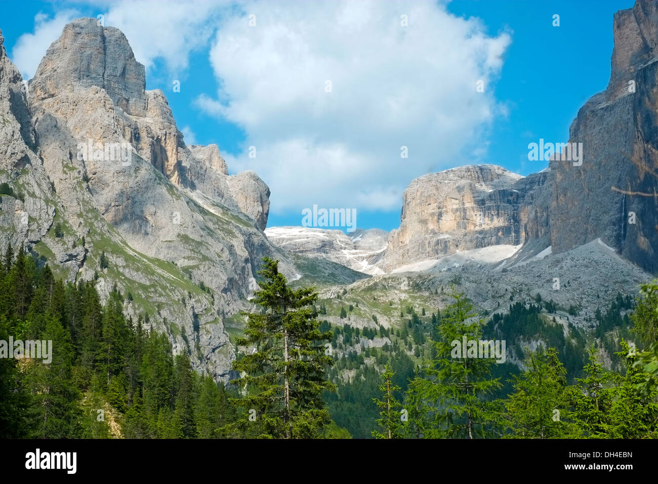 Sella mountain range and Sass Pordoi in Dolomites, Italy Stock Photo