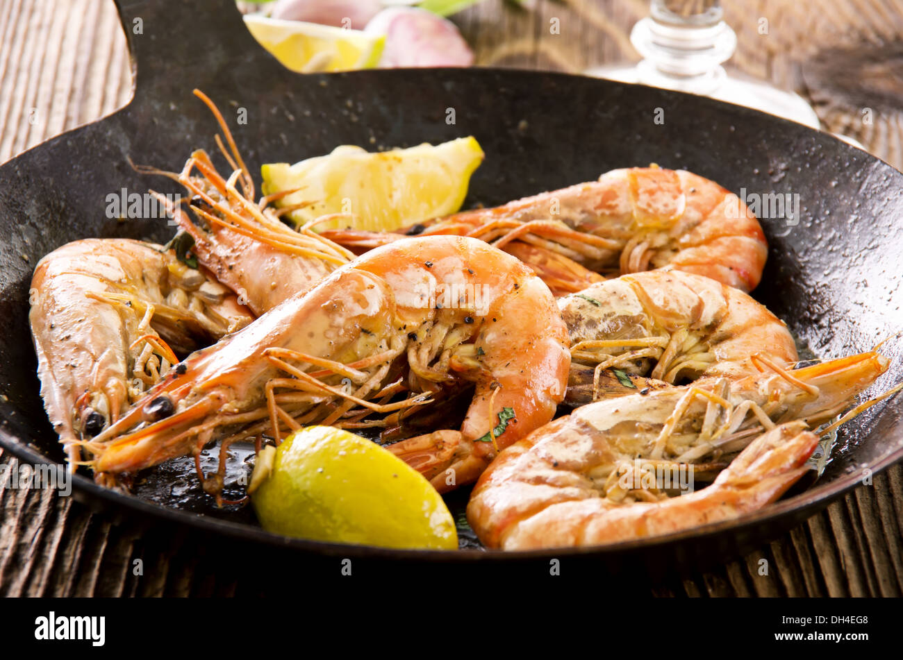 fried king prawns in the iron pan Stock Photo Alamy