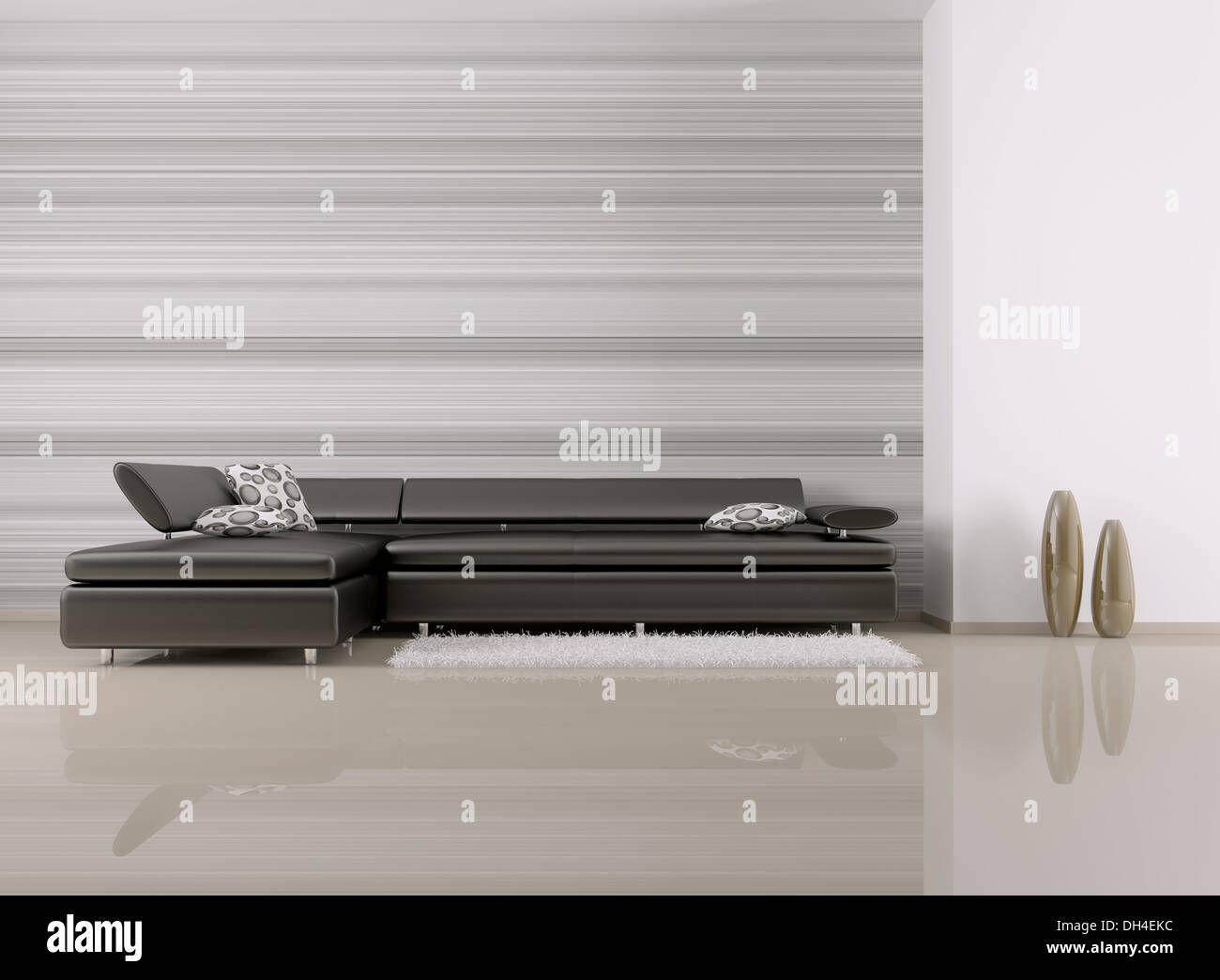 Interior of living room with black sofa 3d render Stock Photo - Alamy