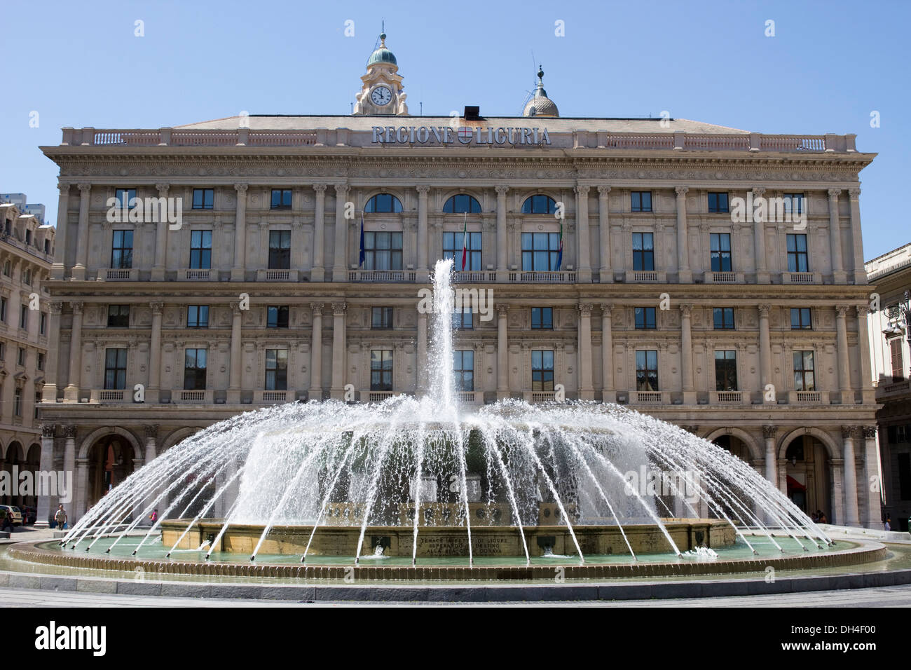 Water fountain and Regione Liguria's building in Piazza De Ferrari, Genoa, Italy. Stock Photo