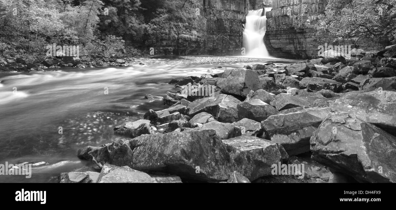 High Force waterfall on the River Tees in monochrome near Middleton-in-Teesdale, County Durham, England, UK Stock Photo