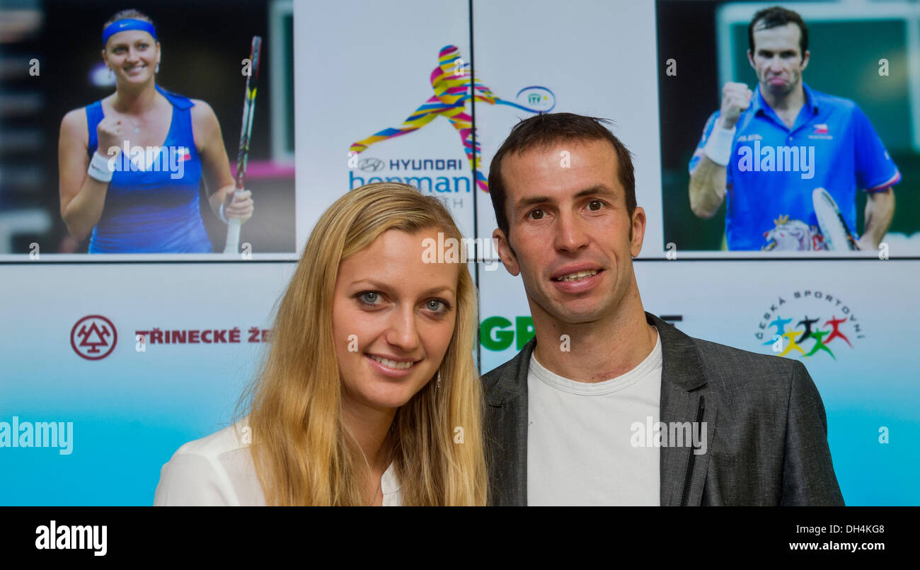 Prague, Czech Republic. 31st October 2013. Jaroslav Navratil, captain of  the Czech tennis Davis Cup team, today nominated Tomas Berdych, Radek  Stepanek (pictured with his girlfriend Petra Kvitova), Lukas Rosol and Jan