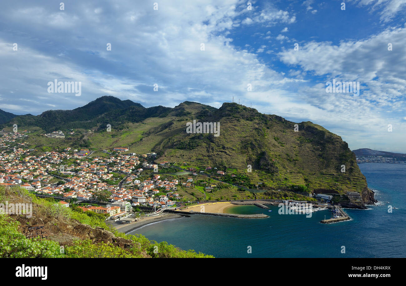 Madeira Portugal. An aerial view of the coastal city of Machico Stock Photo