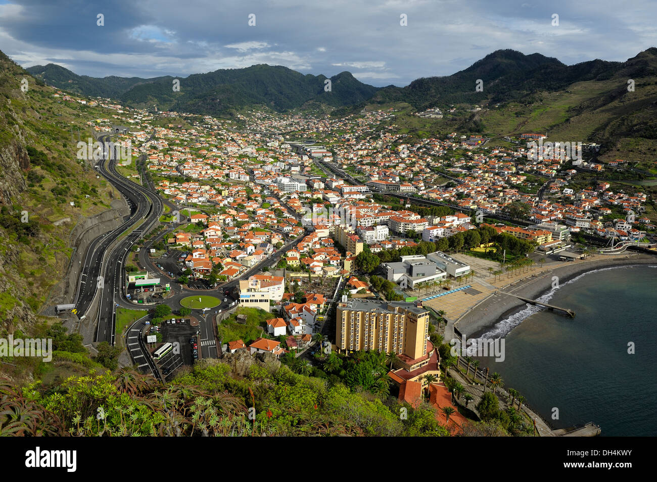 Madeira Portugal. An aerial view of the coastal city of Machico Stock Photo