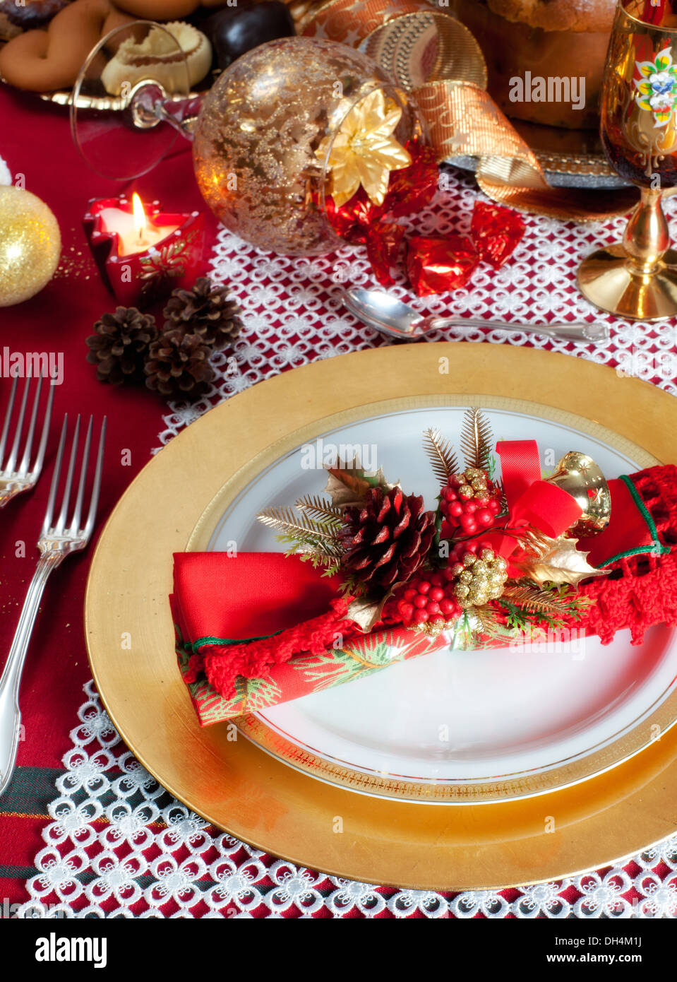 Decorated Christmas Dinner Table with studio lighting Stock Photo
