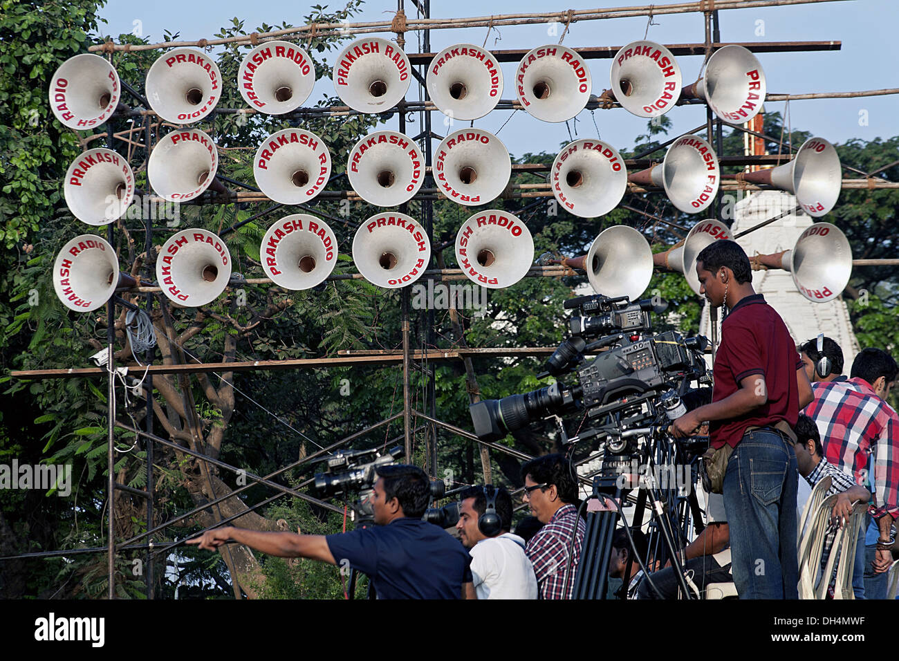 Loudspeakers and News Media TV cameras at Shivaji park Dadar Mumbai Maharashtra India Stock Photo