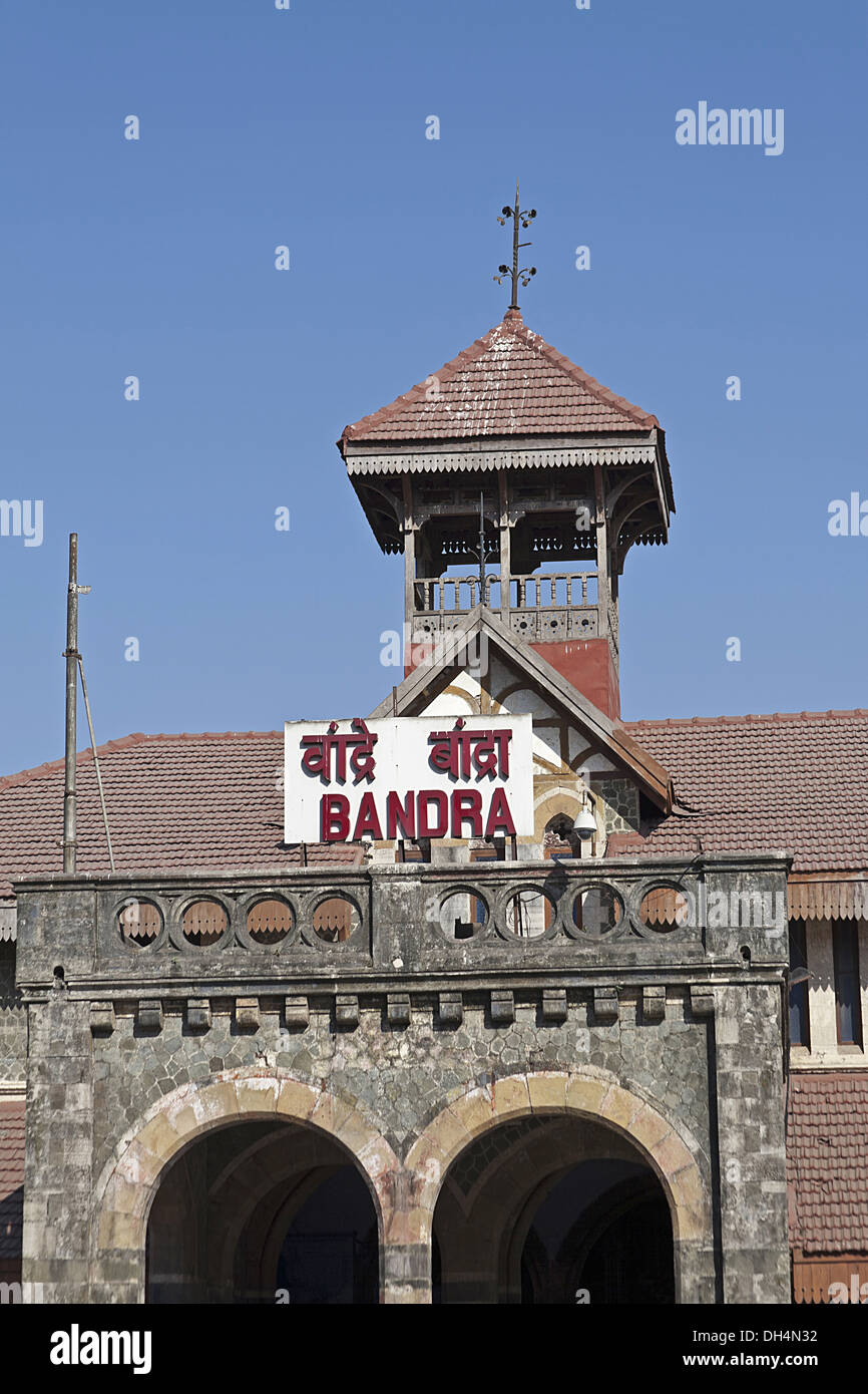Bandra Station sign in English Hindi Marathi at Mumbai Maharashtra