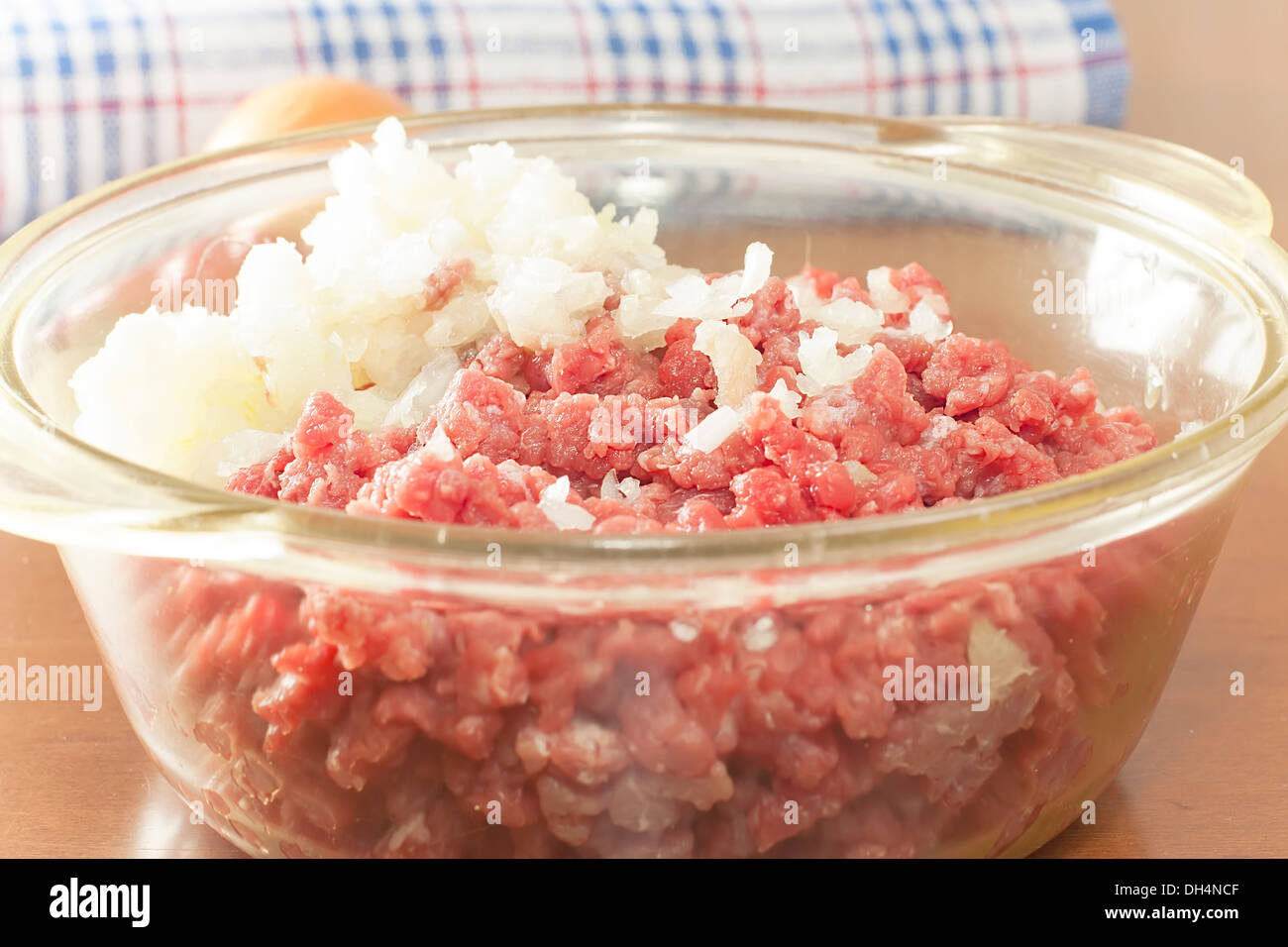 mince raw beef with onions in a glass bowl Stock Photo 62184879 Alamy