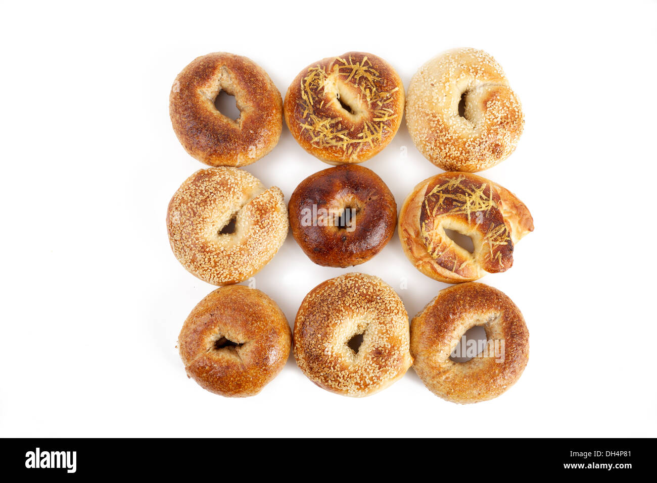 aerial view of nine Bagels on white background Stock Photo