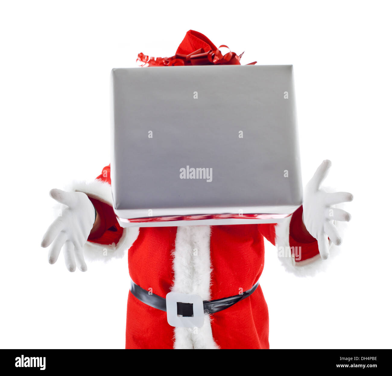 Young Santa Claus with gift box on white background Stock Photo - Alamy