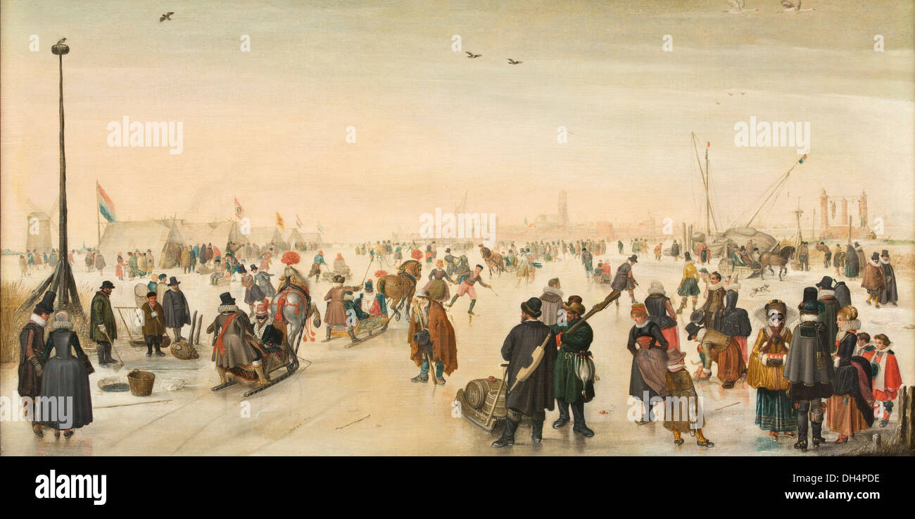 Netherlands, Amsterdam, Rijksmuseum. IJsvermaak bij een stad, Enjoying the Ice, Hendrick Avercamp, ca. 1620 Stock Photo