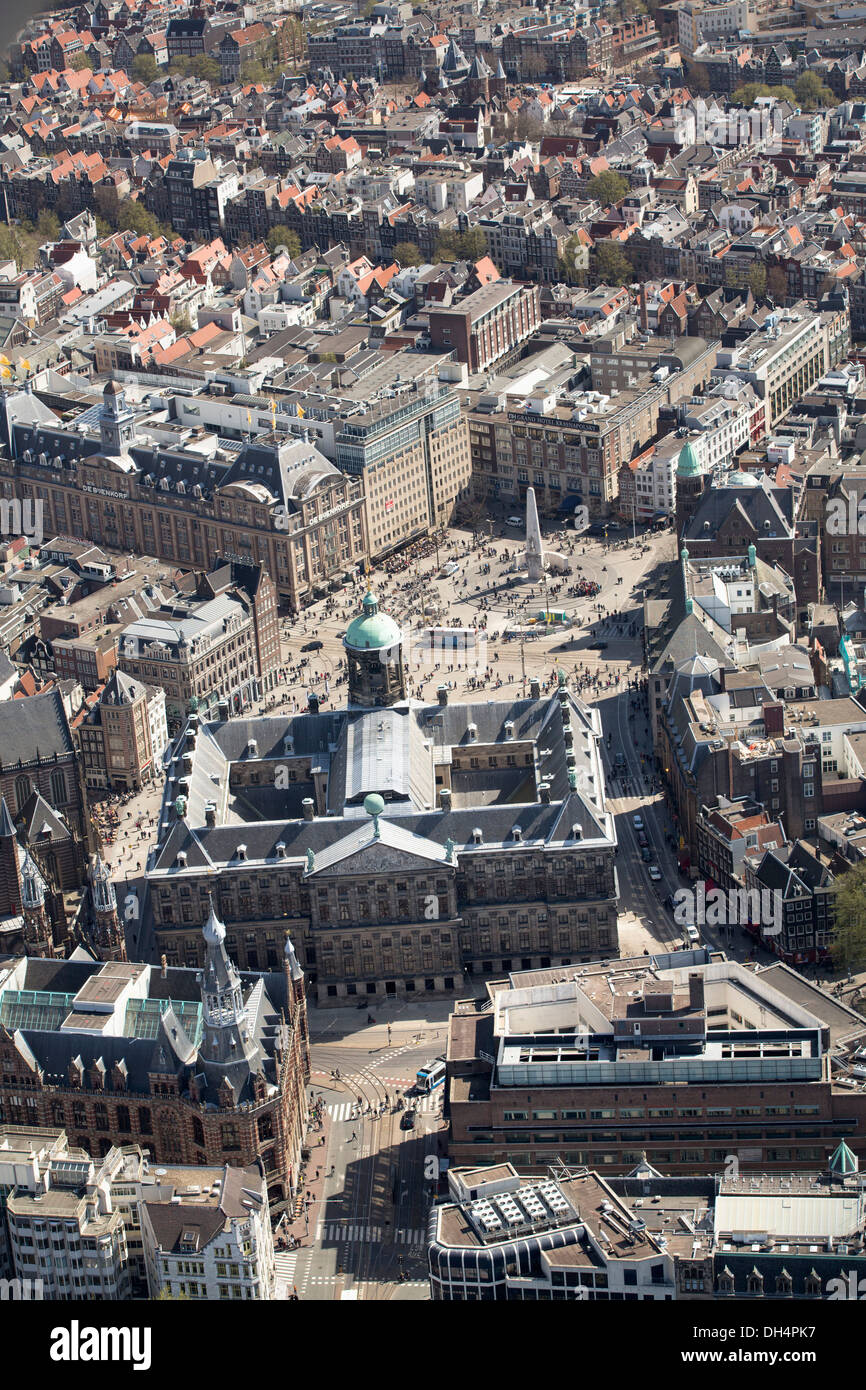 Netherlands, Amsterdam, View on Royal Palace and World War II Monument on Dam Square. Aerial Stock Photo