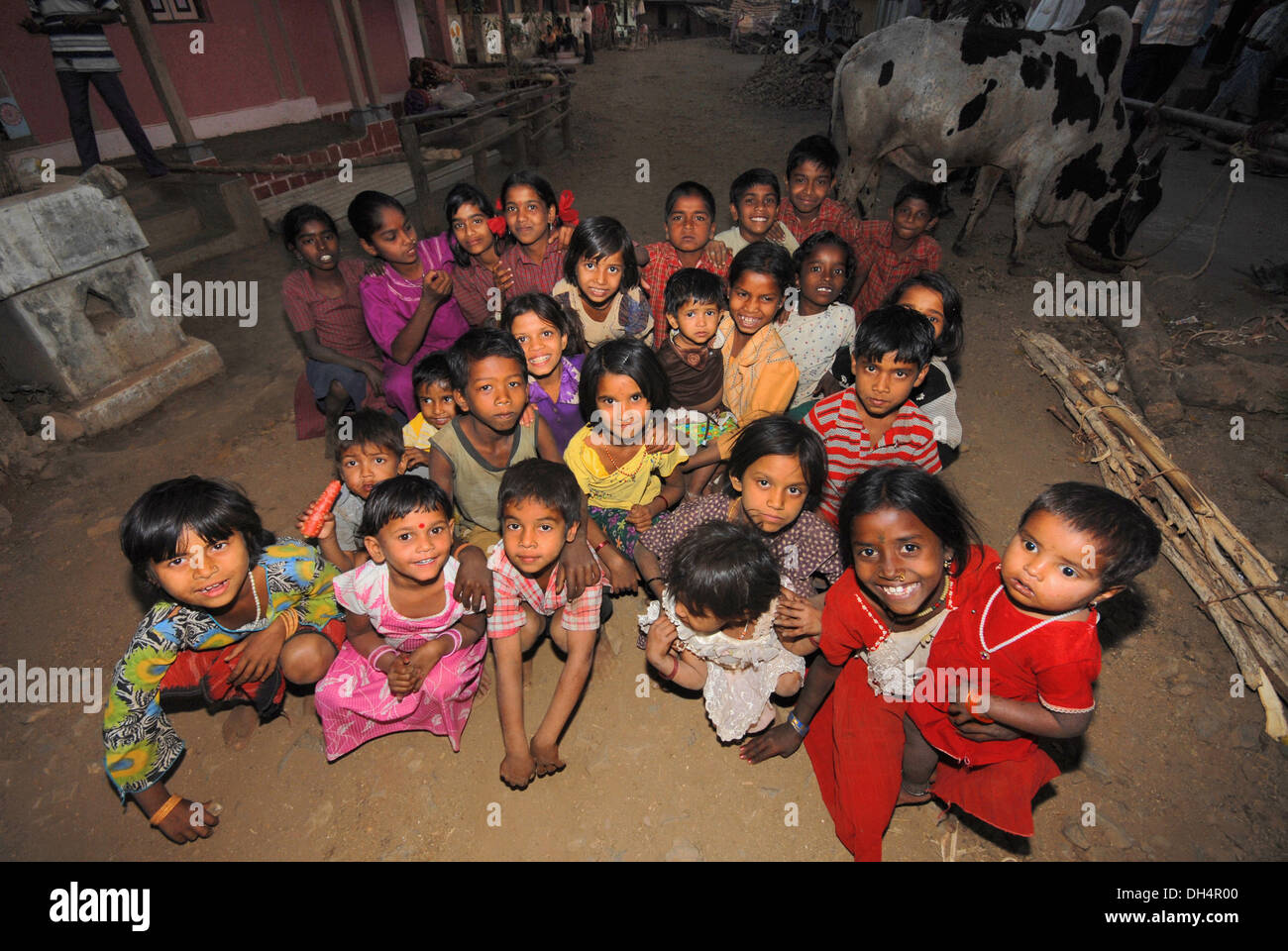 Group Of Tribal Children, Bhil Tribe, Madhya Pradesh, India Stock Photo ...