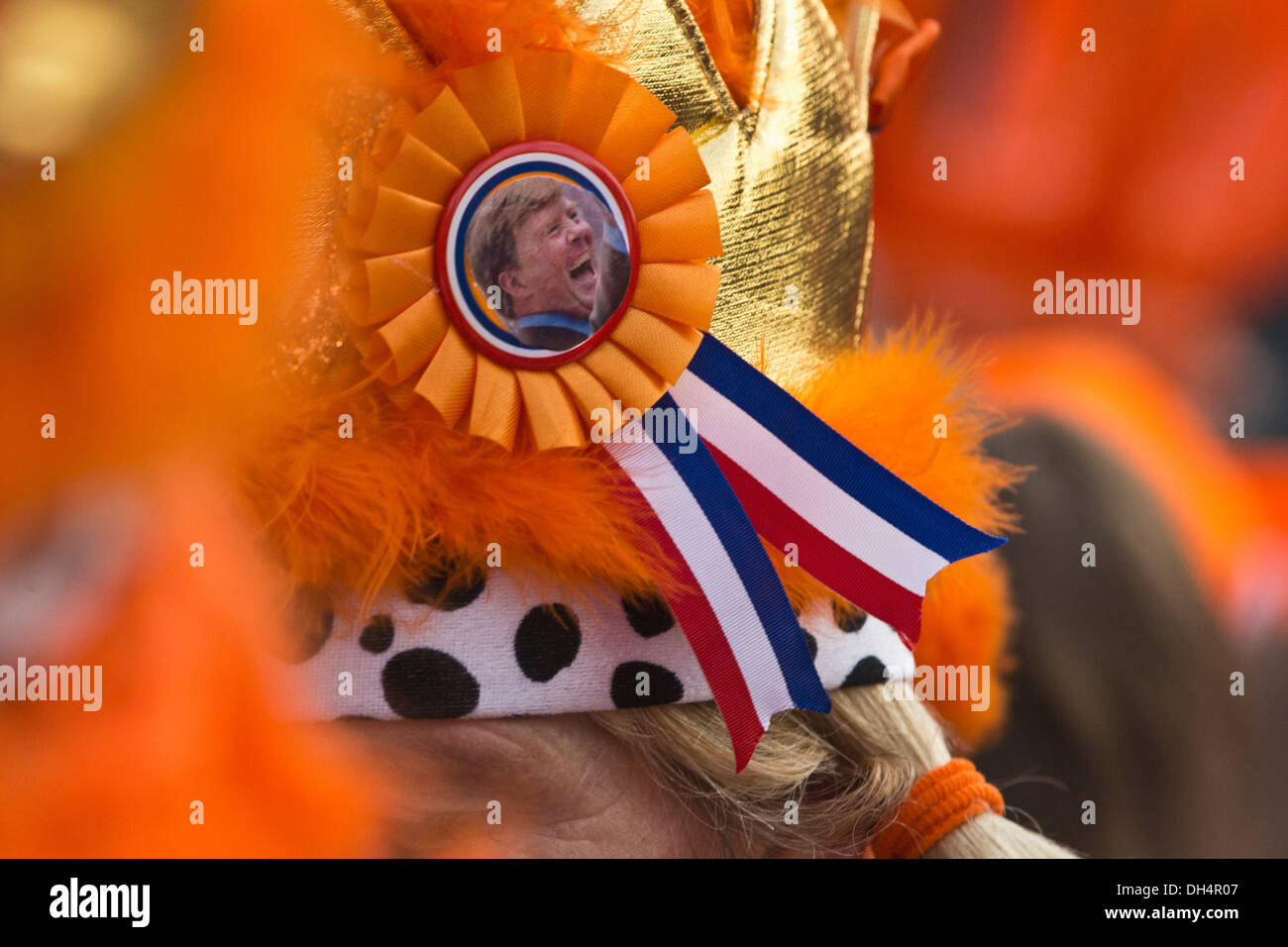 The Netherlands, Amsterdam. Kingsday 27th of April each year. People celebrate. Photo of King Willem-Alexander Stock Photo