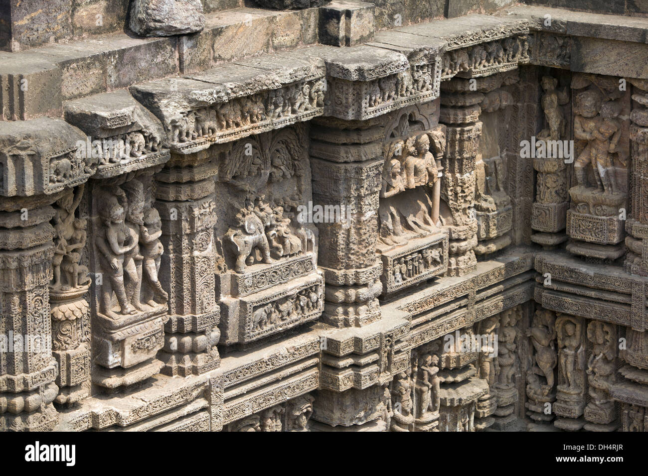 Carved Sculptures on wall, Konark Sun Temple, Orissa India. UNESCO world heritage site Stock Photo