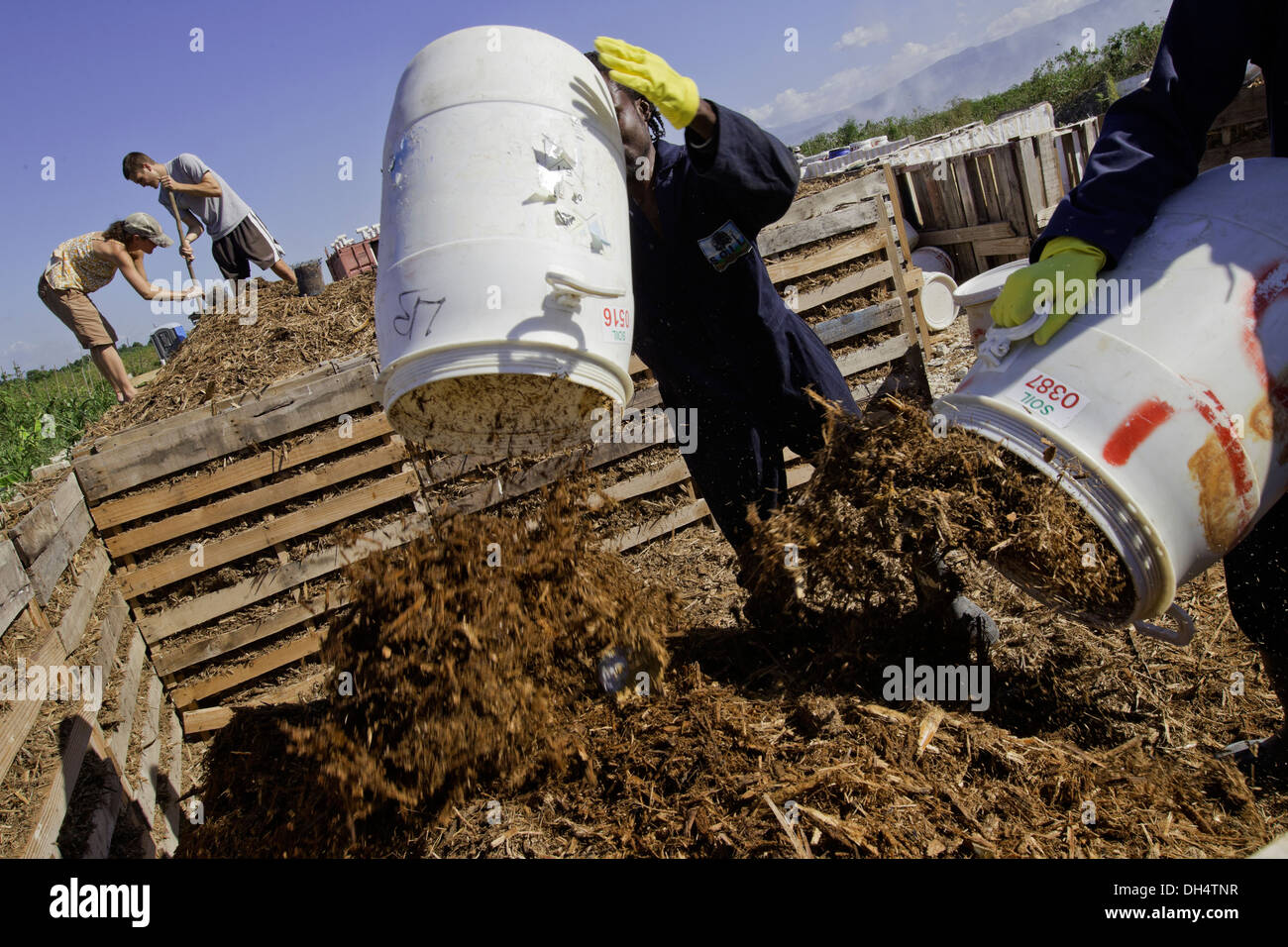 The truck known as the 'poopmobile' collects human waste from outside toilets  in Port-au-Prince, Haiti. Stock Photo