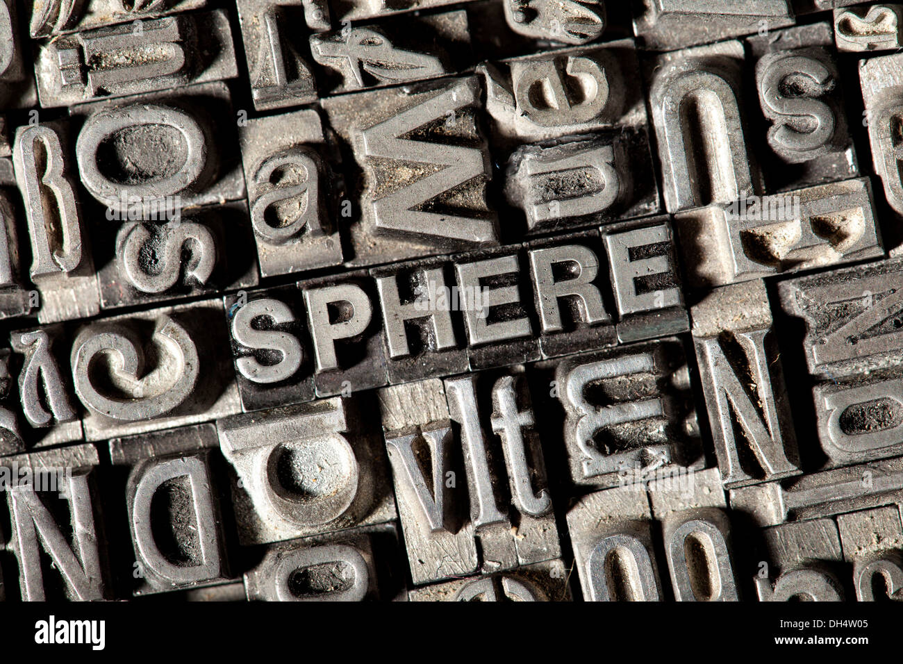 Old lead letters forming the word "SPHERE" Stock Photo