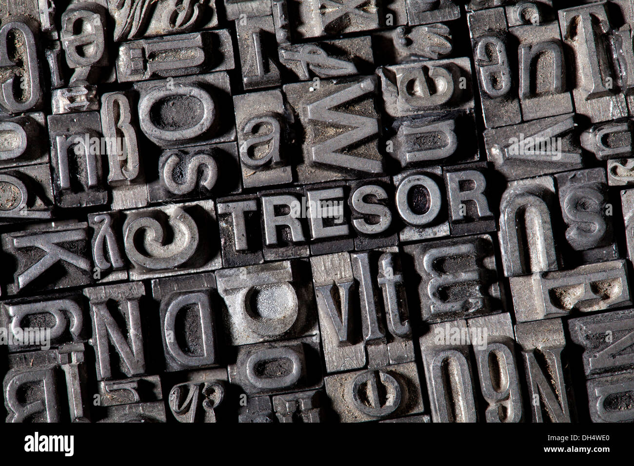 Old lead letters forming the word TRESOR, German for safe Stock Photo