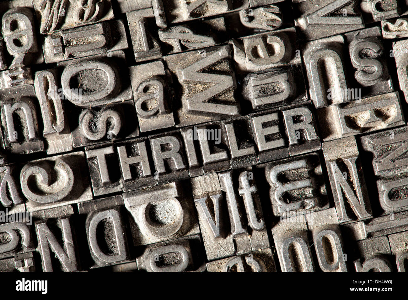 Old lead letters forming the word THRILLER Stock Photo
