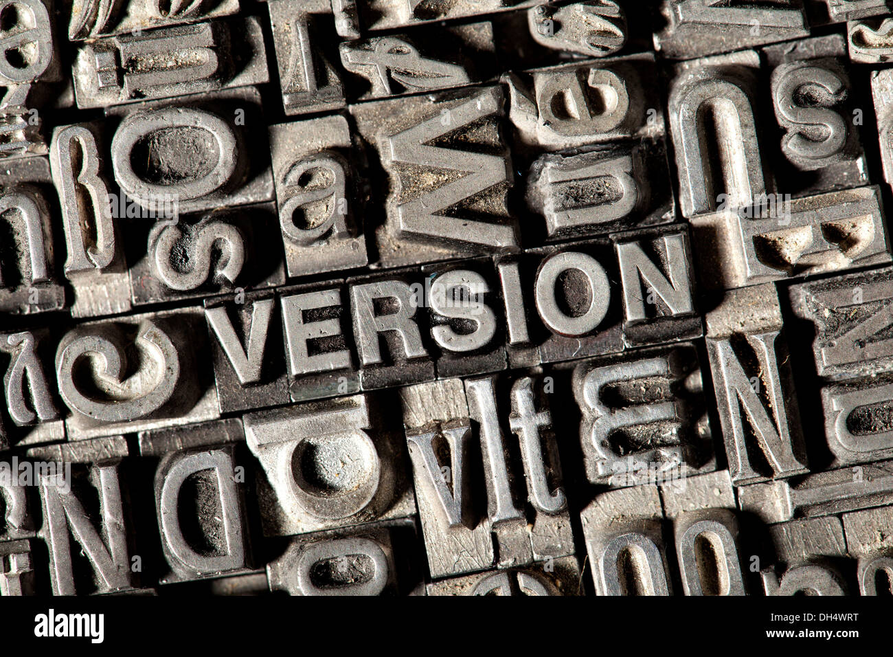 Old lead letters forming the word VERSION Stock Photo